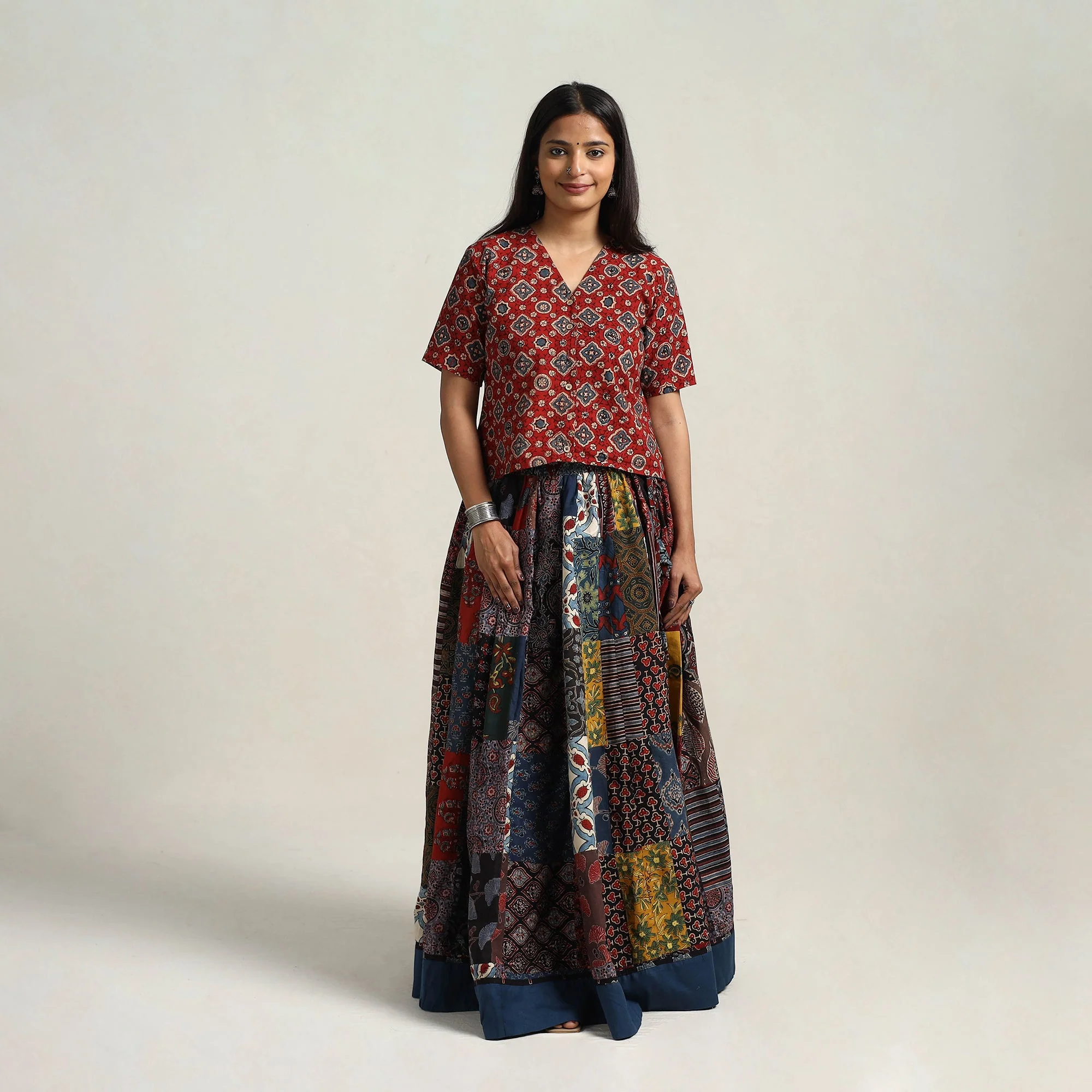 Multicolor - 24 Kali Patchwork Block Print Cotton Ajrakh Skirt 29